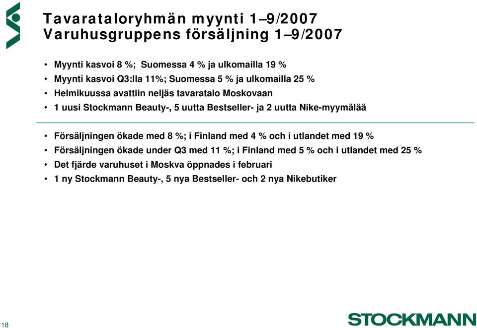 uutta Nike-myymälää Försäljningen ökade med 8 %; i Finland med 4 % och i utlandet med 19 % Försäljningen ökade under Q3 med 11 %; i Finland