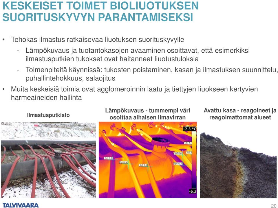 poistaminen, kasan ja ilmastuksen suunnittelu, puhallintehokkuus, salaojitus Muita keskeisiä toimia ovat agglomeroinnin laatu ja tiettyjen