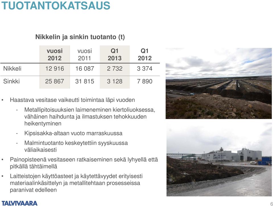 heikentyminen - Kipsisakka-altaan vuoto marraskuussa - Malmintuotanto keskeytettiin syyskuussa väliaikaisesti Painopisteenä vesitaseen ratkaiseminen sekä