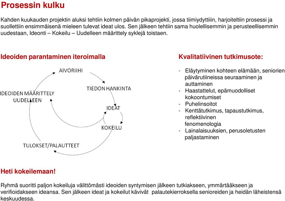 Ideoiden parantaminen iteroimalla Kvalitatiivinen tutkimusote: - Eläytyminen kohteen elämään, seniorien päivärutiineissa seuraaminen ja auttaminen - Haastattelut, epämuodolliset kokoontumiset -