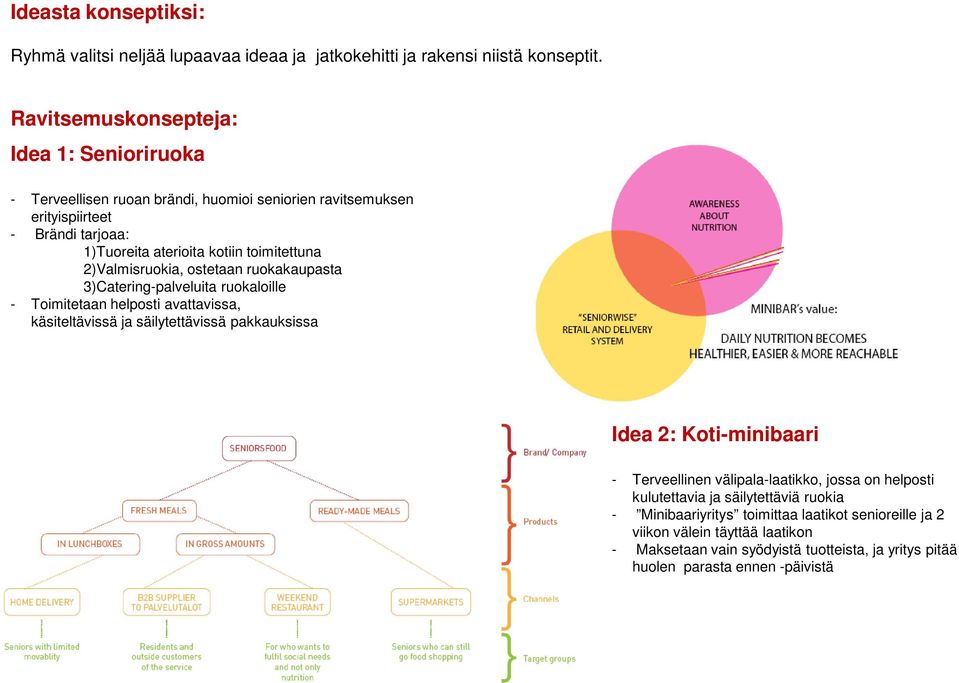 2)Valmisruokia, ostetaan ruokakaupasta 3)Catering-palveluita ruokaloille - Toimitetaan helposti avattavissa, käsiteltävissä ja säilytettävissä pakkauksissa Idea 2: Koti-minibaari