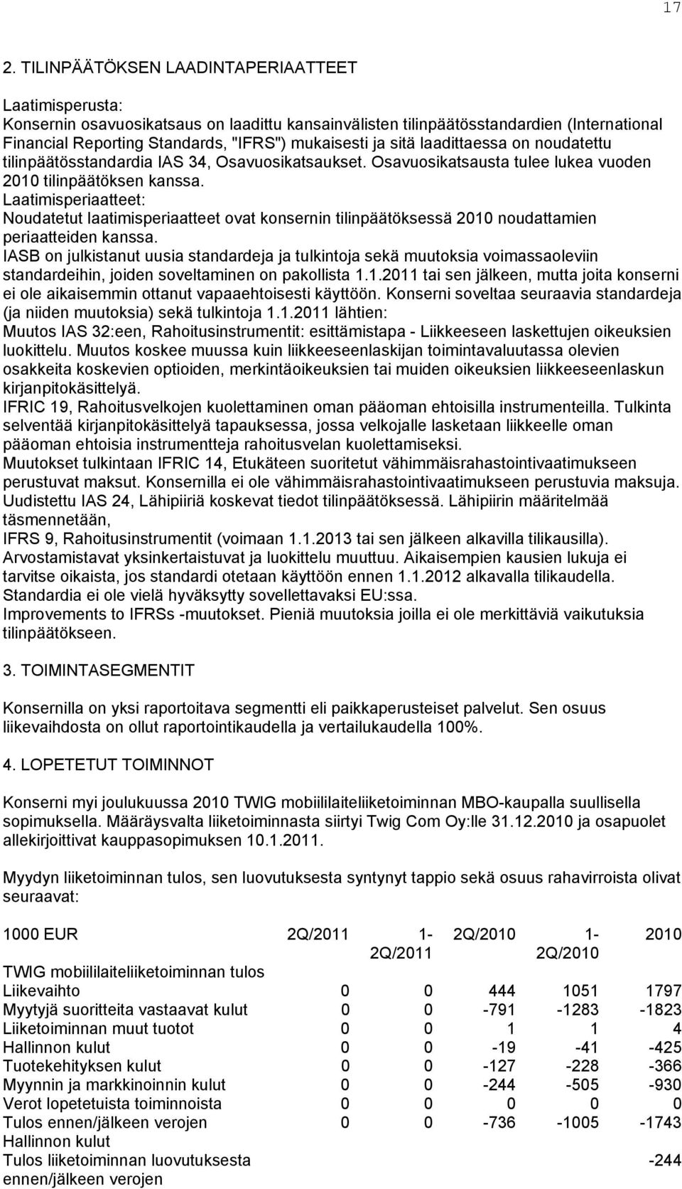 Laatimisperiaatteet: Noudatetut laatimisperiaatteet ovat konsernin tilinpäätöksessä 2010 noudattamien periaatteiden kanssa.