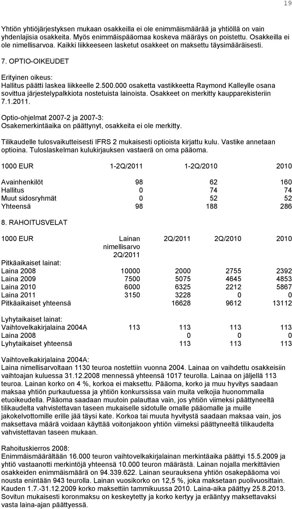 000 osaketta vastikkeetta Raymond Kalleylle osana sovittua järjestelypalkkiota nostetuista lainoista. Osakkeet on merkitty kaupparekisteriin 7.1.2011.