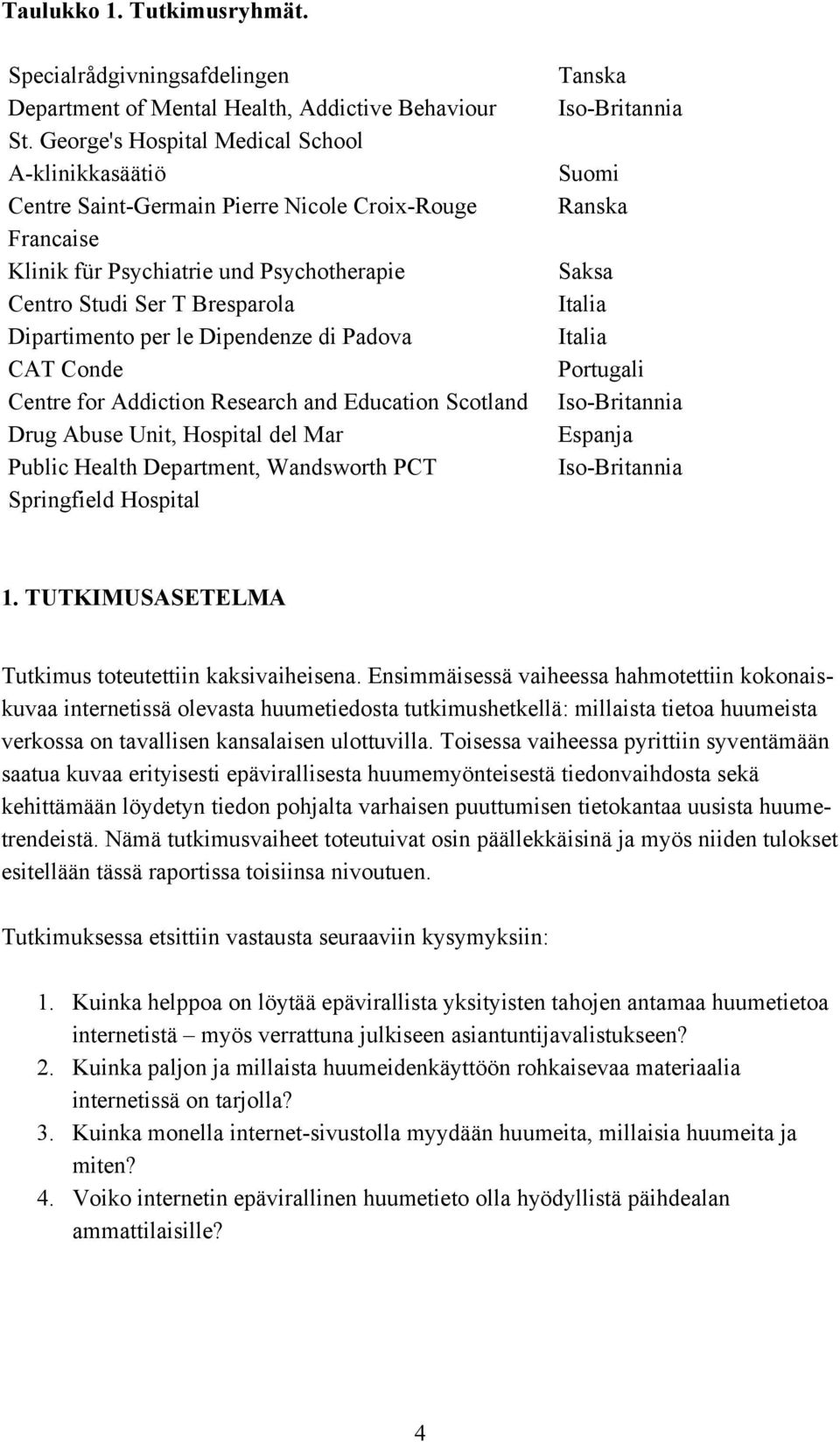 Dipendenze di Padova CAT Conde Centre for Addiction Research and Education Scotland Drug Abuse Unit, Hospital del Mar Public Health Department, Wandsworth PCT Springfield Hospital Tanska