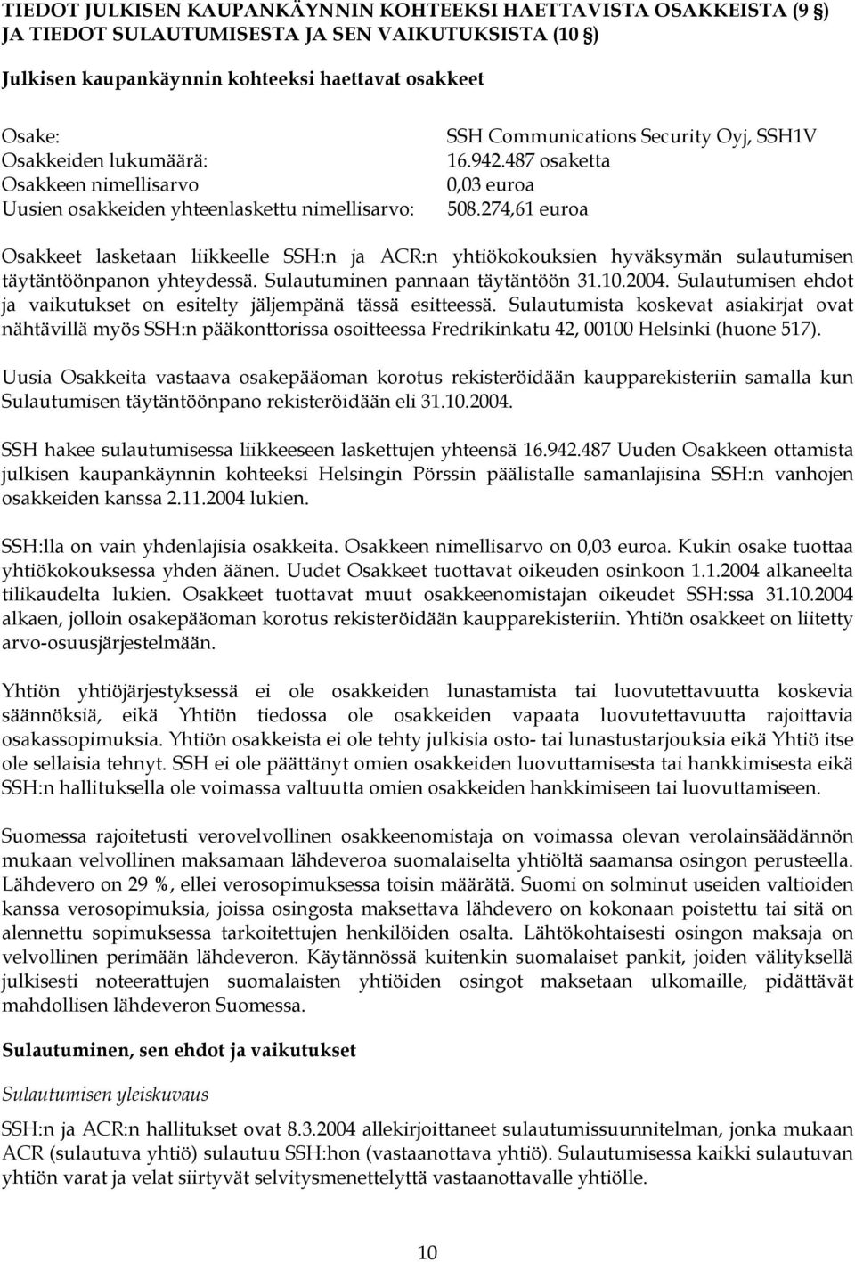 274,61 euroa Osakkeet lasketaan liikkeelle SSH:n ja ACR:n yhtiökokouksien hyväksymän sulautumisen täytäntöönpanon yhteydessä. Sulautuminen pannaan täytäntöön 31.10.2004.