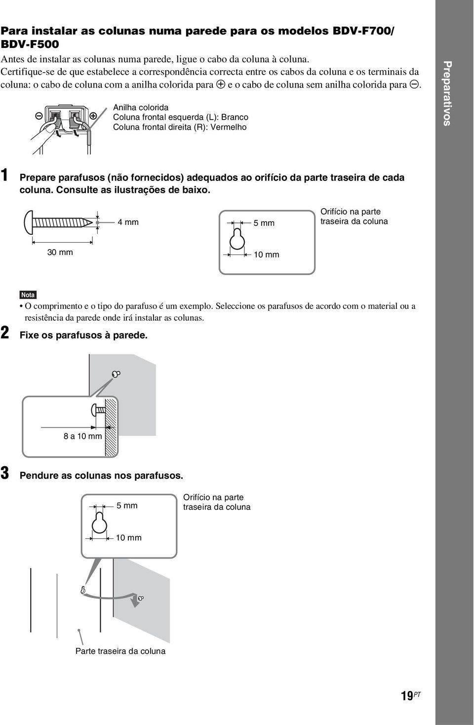 #. Anilha colorida Coluna frontal esquerda (L): Branco Coluna frontal direita (R): Vermelho Preparativos 1 Prepare parafusos (não fornecidos) adequados ao orifício da parte traseira de cada coluna.