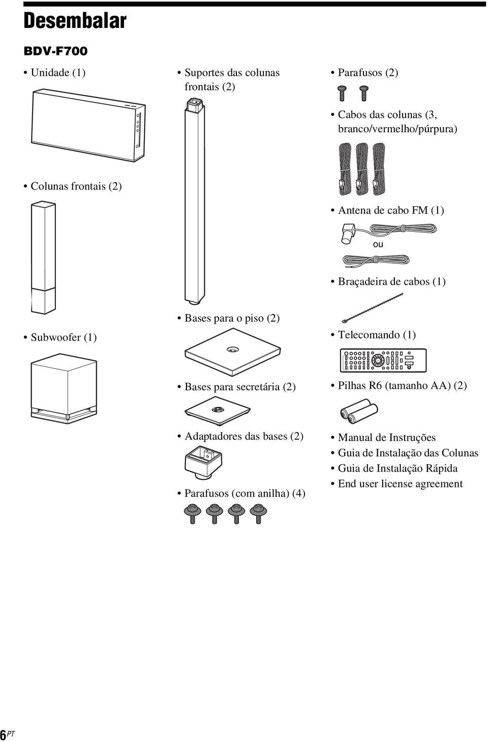 para o piso (2) Telecomando (1) Bases para secretária (2) Pilhas R6 (tamanho AA) (2) Adaptadores das bases (2)