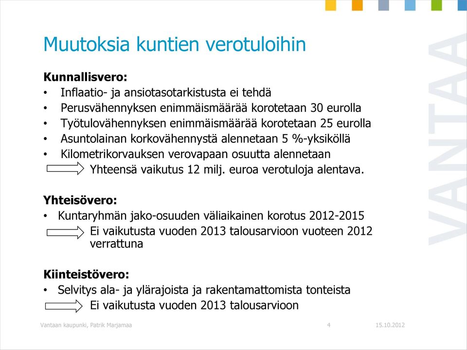 Yhteensä vaikutus 12 milj. euroa verotuloja alentava.