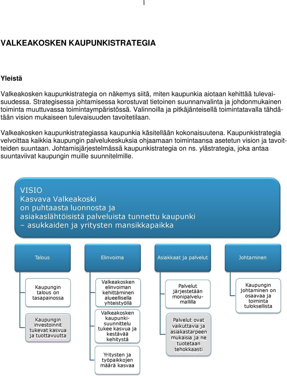 Valinnoilla ja pitkäjänteisellä toimintatavalla tähdätään vision mukaiseen tulevaisuuden tavoitetilaan. Valkeakosken kaupunkistrategiassa kaupunkia käsitellään kokonaisuutena.