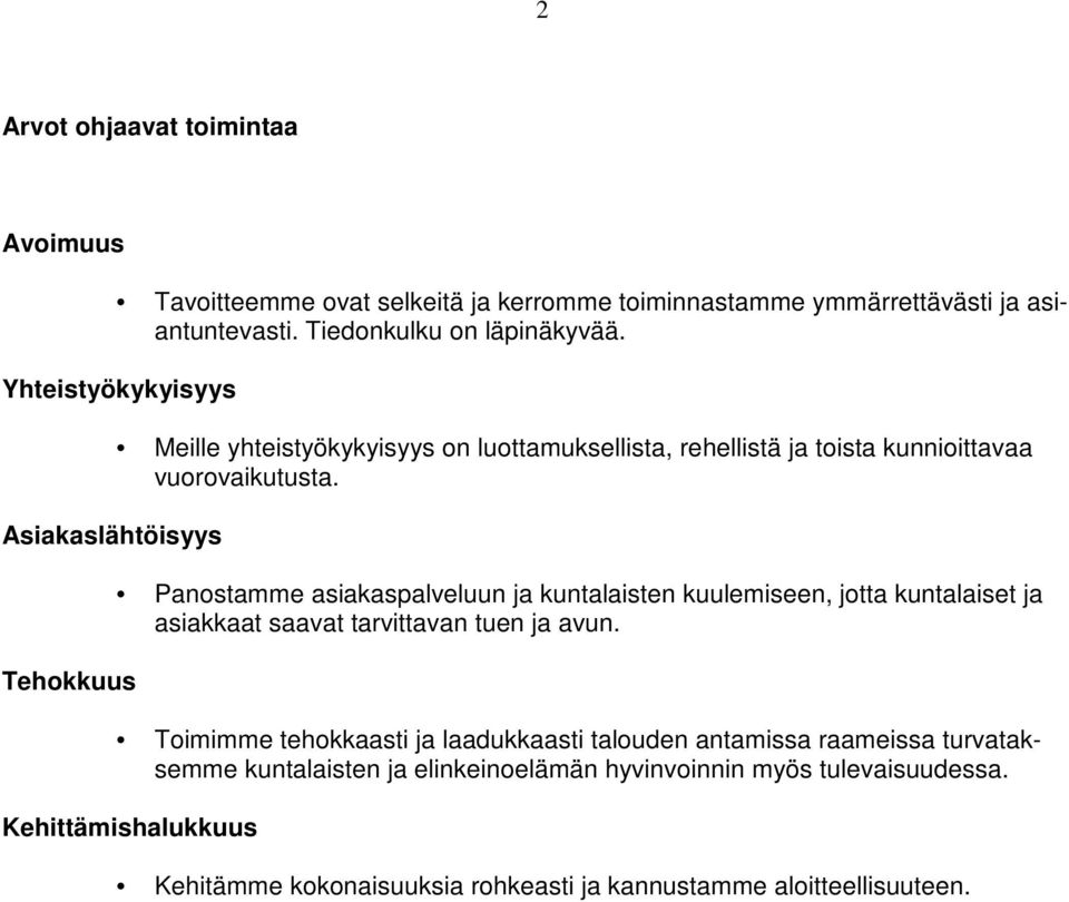 Panostamme asiakaspalveluun ja kuntalaisten kuulemiseen, jotta kuntalaiset ja asiakkaat saavat tarvittavan tuen ja avun.