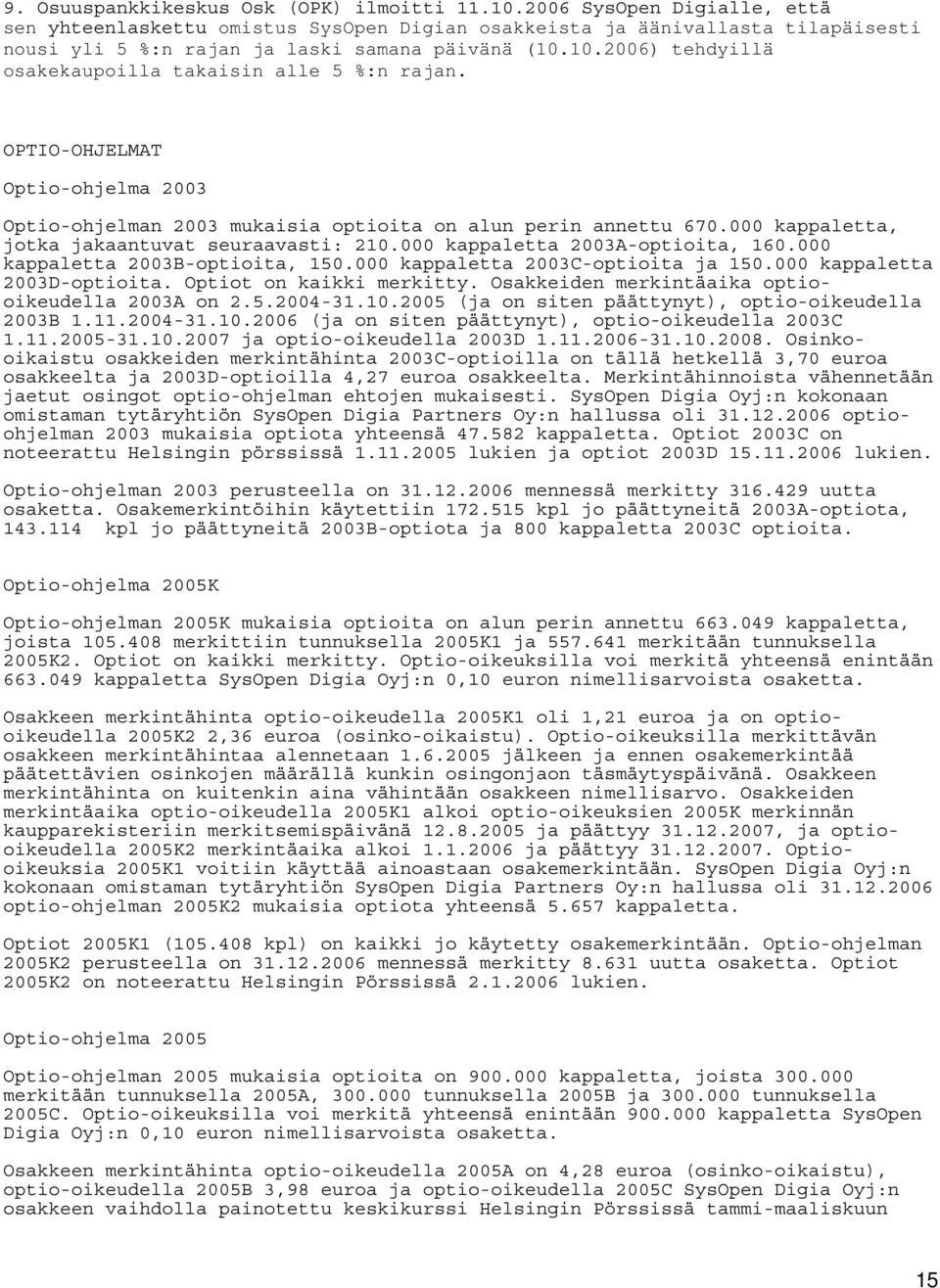 10.2006) tehdyillä osakekaupoilla takaisin alle 5 %:n rajan. OPTIO-OHJELMAT Optio-ohjelma 2003 Optio-ohjelman 2003 mukaisia optioita on alun perin annettu 670.