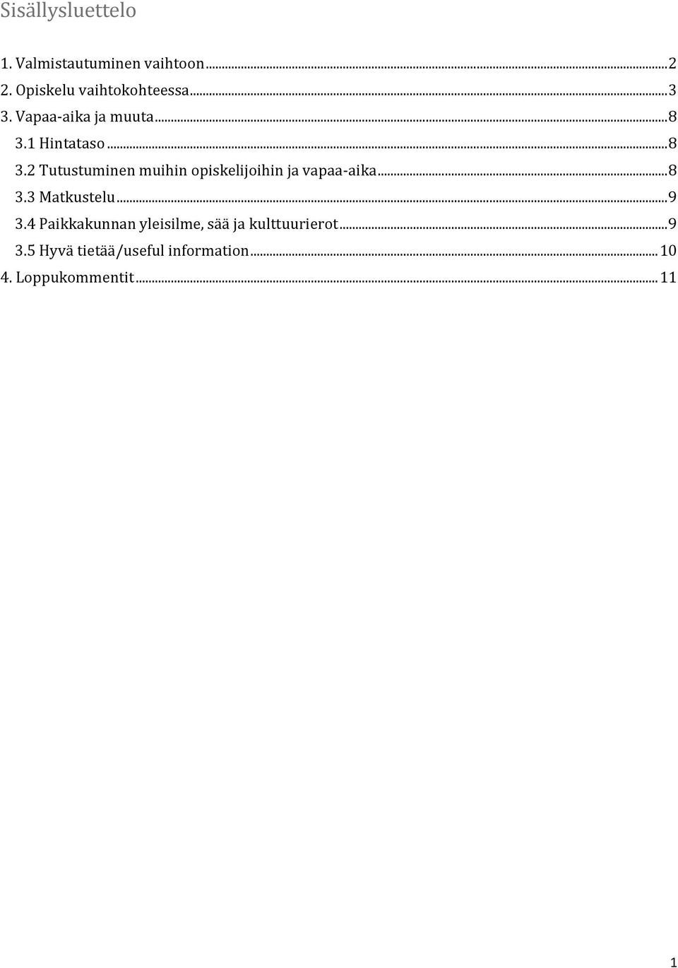 1 Hintataso... 8 3.2 Tutustuminen muihin opiskelijoihin ja vapaa-aika... 8 3.3 Matkustelu.