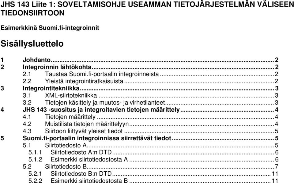 ..3 4 JHS 143 -suositus ja integroitavien tietojen määrittely... 4 4.1 Tietojen määrittely...4 4.2 Muistilista tietojen määrittelyyn...4 4.3 Siirtoon liittyvät yleiset tiedot...5 5 Suomi.