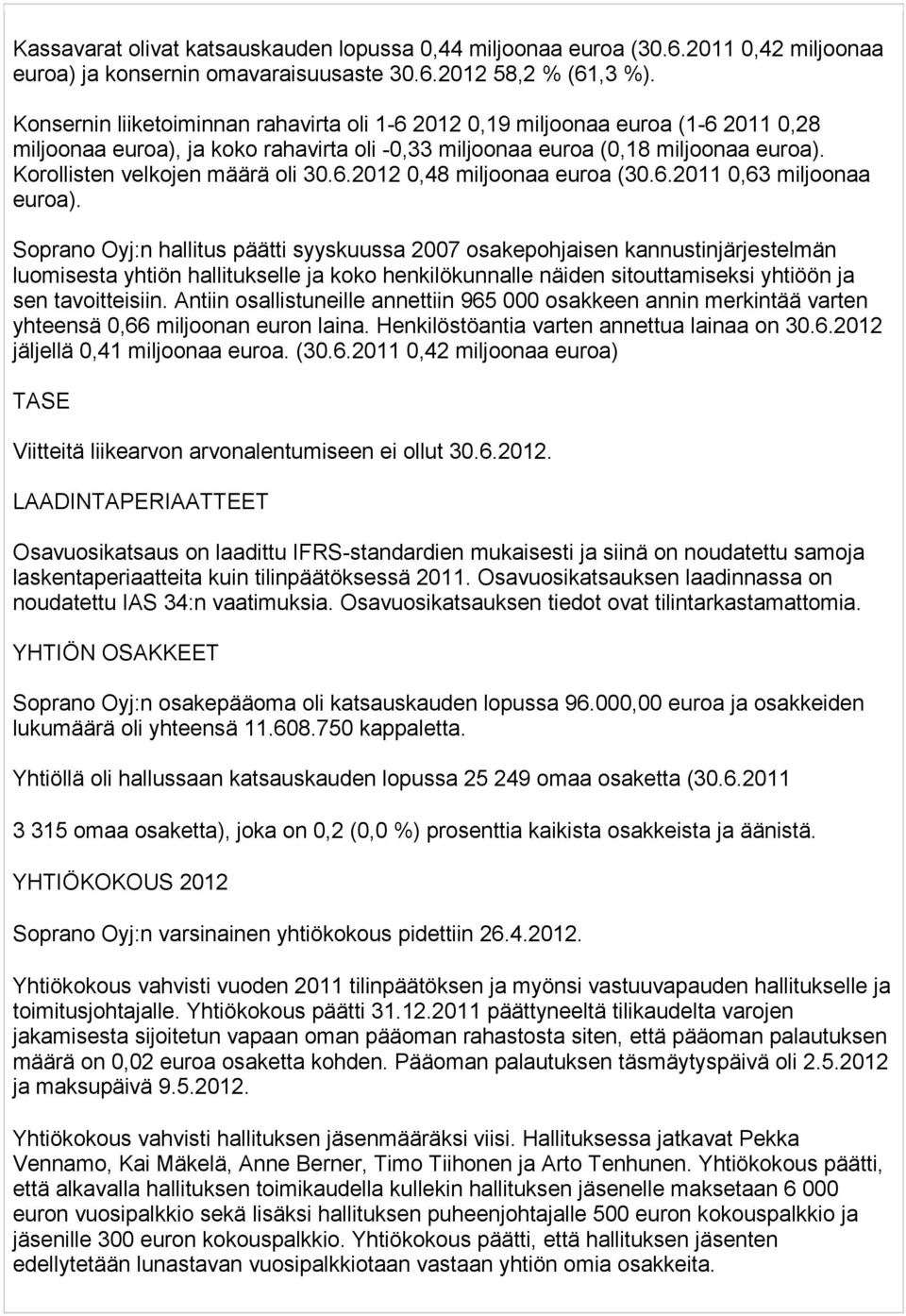 Korollisten velkojen määrä oli 30.6.2012 0,48 miljoonaa euroa (30.6.2011 0,63 miljoonaa euroa).