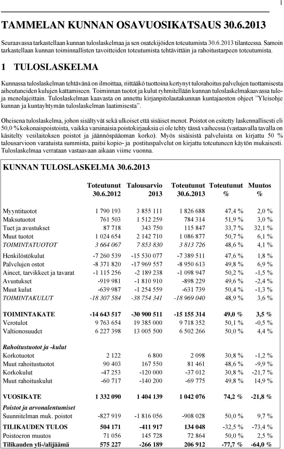 1 TULOSLASKELMA Kunnassa tuloslaskelman tehtävänä on ilmoittaa, riittääkö tuottoina kertynyt tulorahoitus palvelujen tuottamisesta aiheutuneiden kulujen kattamiseen.