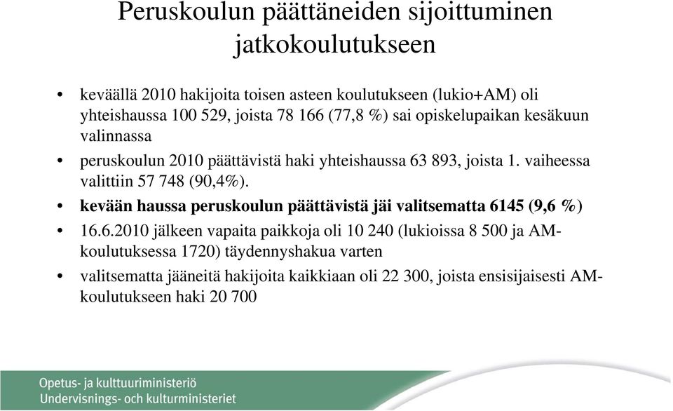 vaiheessa valittiin 57 748 (90,4%). kevään haussa peruskoulun päättävistä jäi valitsematta 61