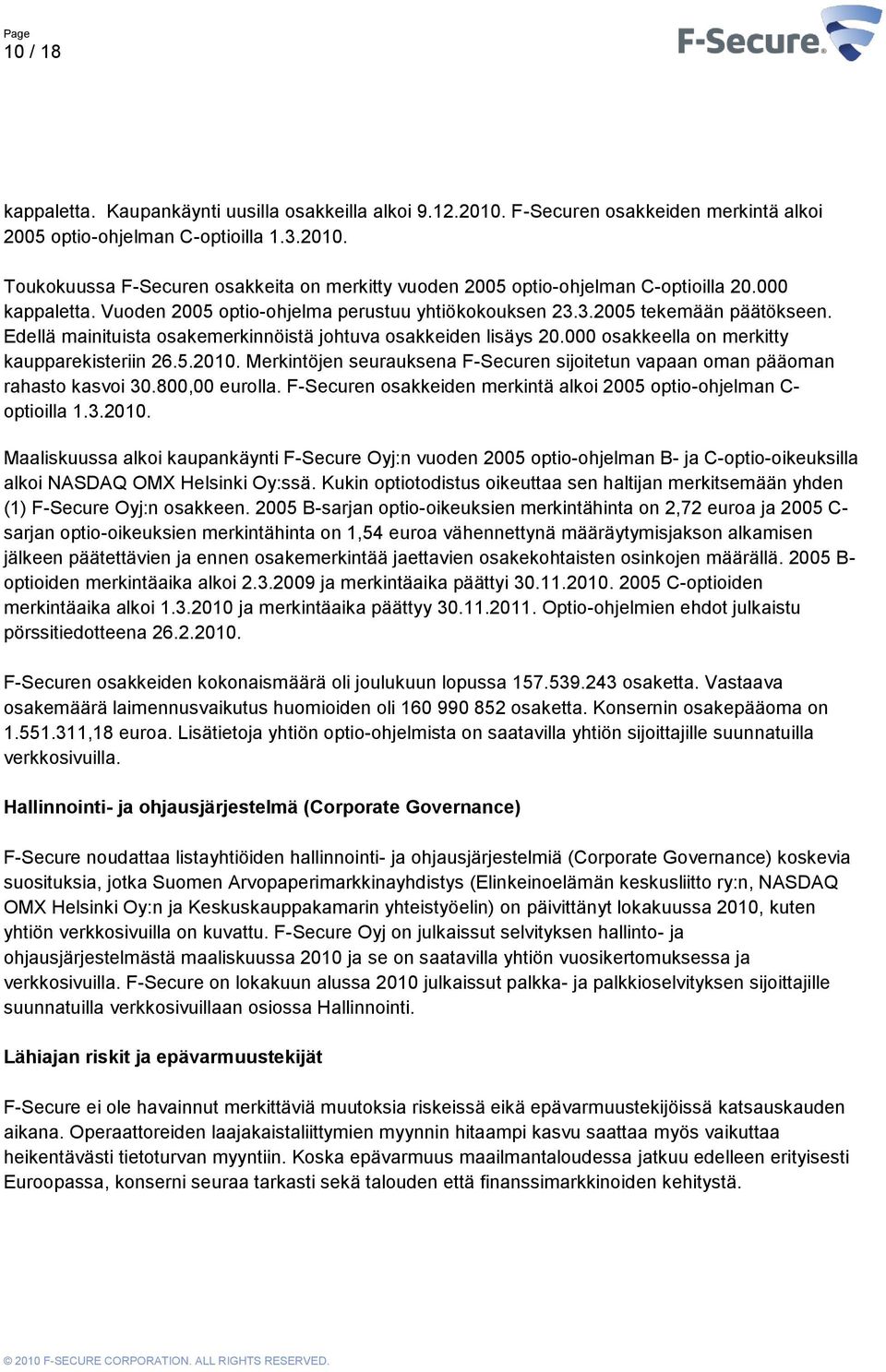 000 osakkeella on merkitty kaupparekisteriin 26.5.2010. Merkintöjen seurauksena F-Securen sijoitetun vapaan oman pääoman rahasto kasvoi 30.800,00 eurolla.