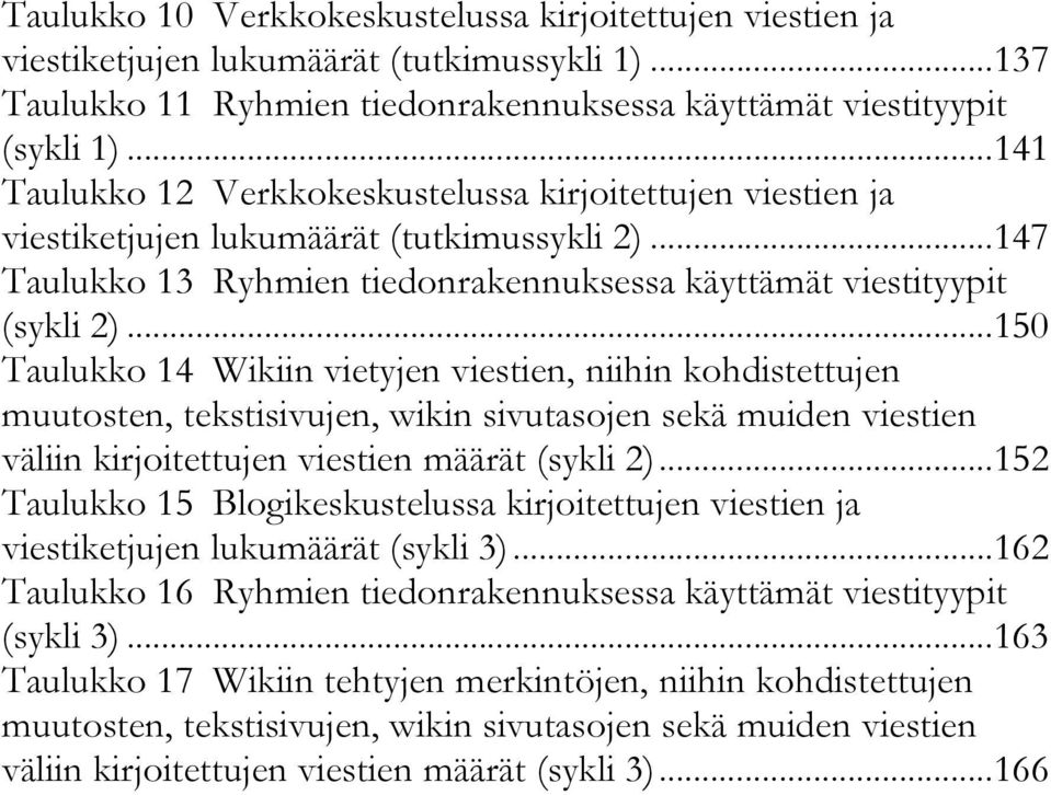 ..150 Taulukko 14 Wikiin vietyjen viestien, niihin kohdistettujen muutosten, tekstisivujen, wikin sivutasojen sekä muiden viestien väliin kirjoitettujen viestien määrät (sykli 2).