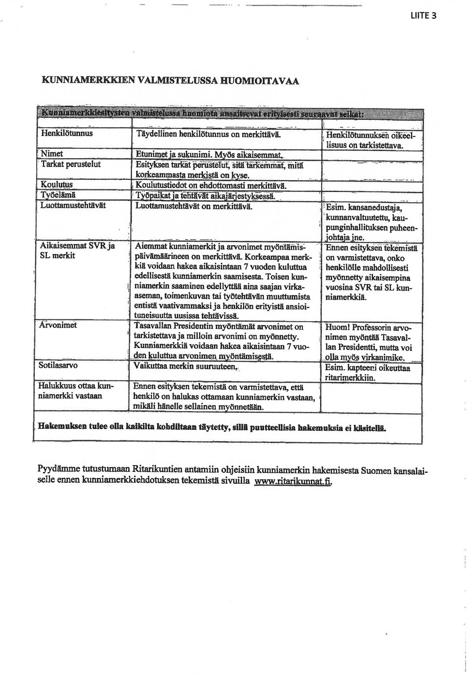 . KUNNIAMERKKIEN VALMISTELUSSA HUOMIOITAVAA selle ennen kunniamerkkiehdotuksen tekemistä sivuilla www.ritarikunnat.fi.