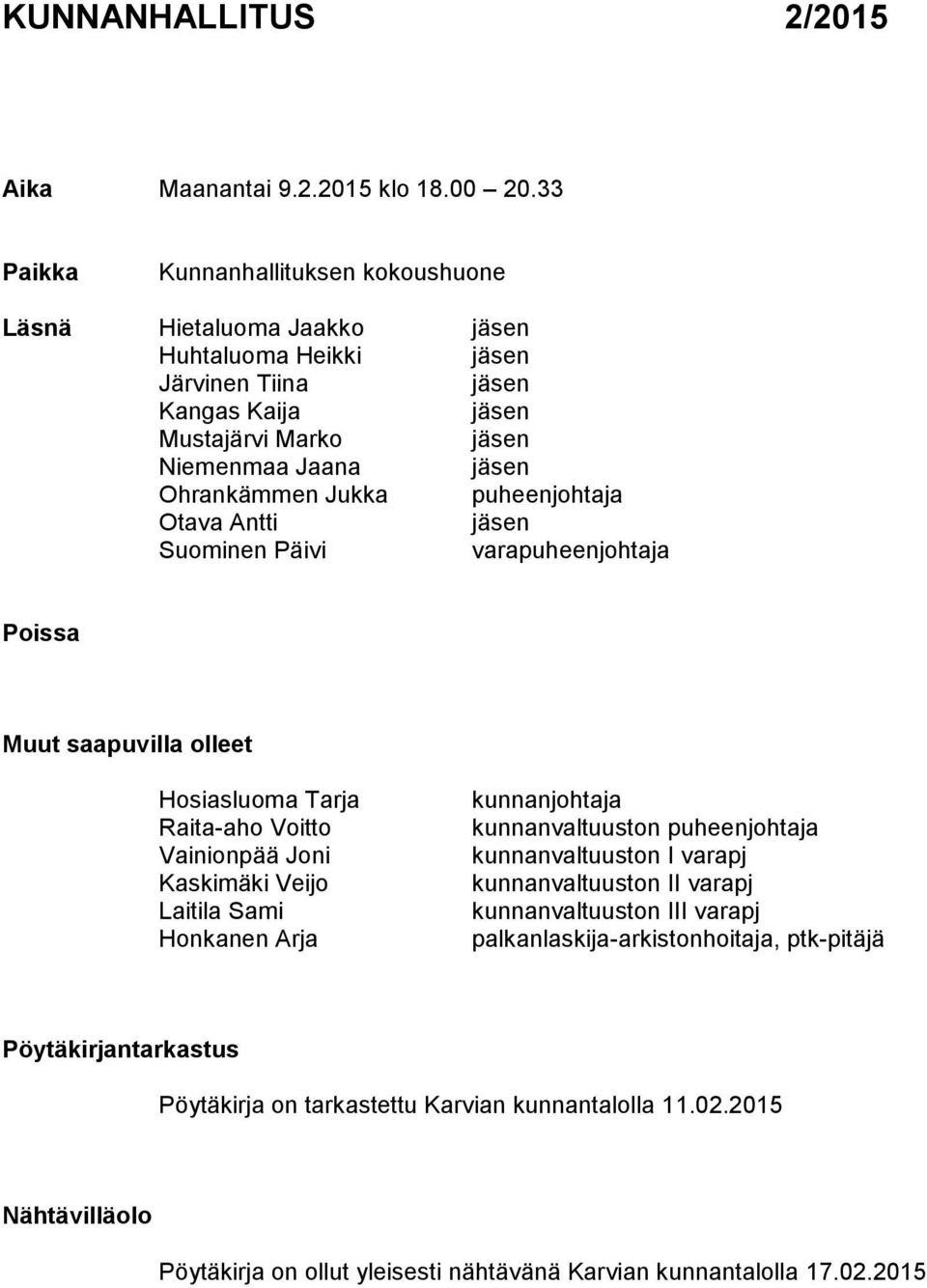 Jukka puheenjohtaja Otava Antti jäsen Suominen Päivi varapuheenjohtaja Poissa Muut saapuvilla olleet Hosiasluoma Tarja Raita-aho Voitto Vainionpää Joni Kaskimäki Veijo Laitila Sami Honkanen Arja