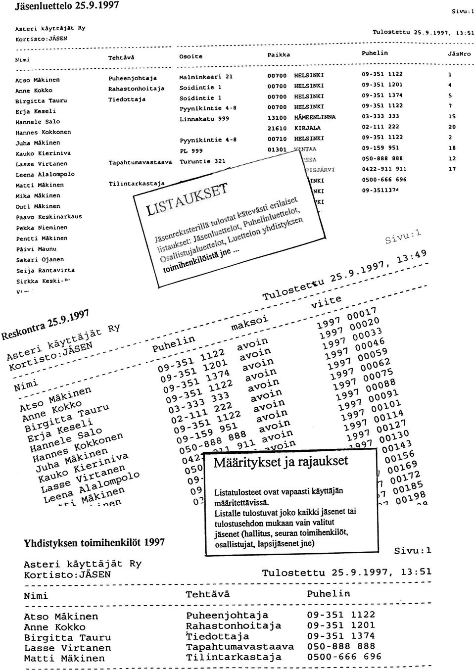 1):S1 Nimi TehcAvA Osoite Paikka Puhelin JåsNro Malminkaari 21 00100 HELSINKI 09-)Sl 1122 Atso MAkinen Puheenjohtaja Anne Kokko Rahastonhoitaja Soidintie 1 00100 HELSINKI 09-)S11201 4 Birgicta Tauru