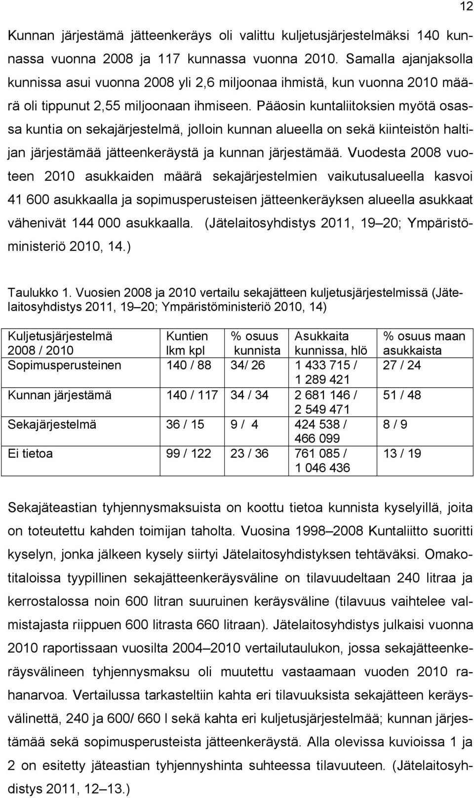 Pääosin kuntaliitoksien myötä osassa kuntia on sekajärjestelmä, jolloin kunnan alueella on sekä kiinteistön haltijan järjestämää jätteenkeräystä ja kunnan järjestämää.