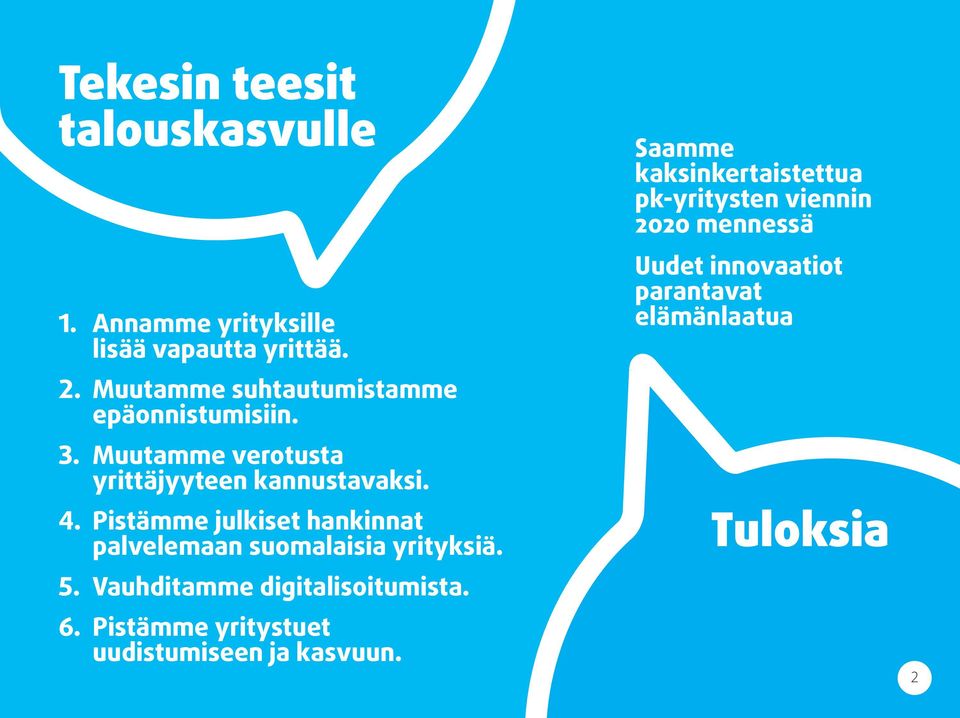 Pistämme julkiset hankinnat palvelemaan suomalaisia yrityksiä. 5. Vauhditamme digitalisoitumista. 6.