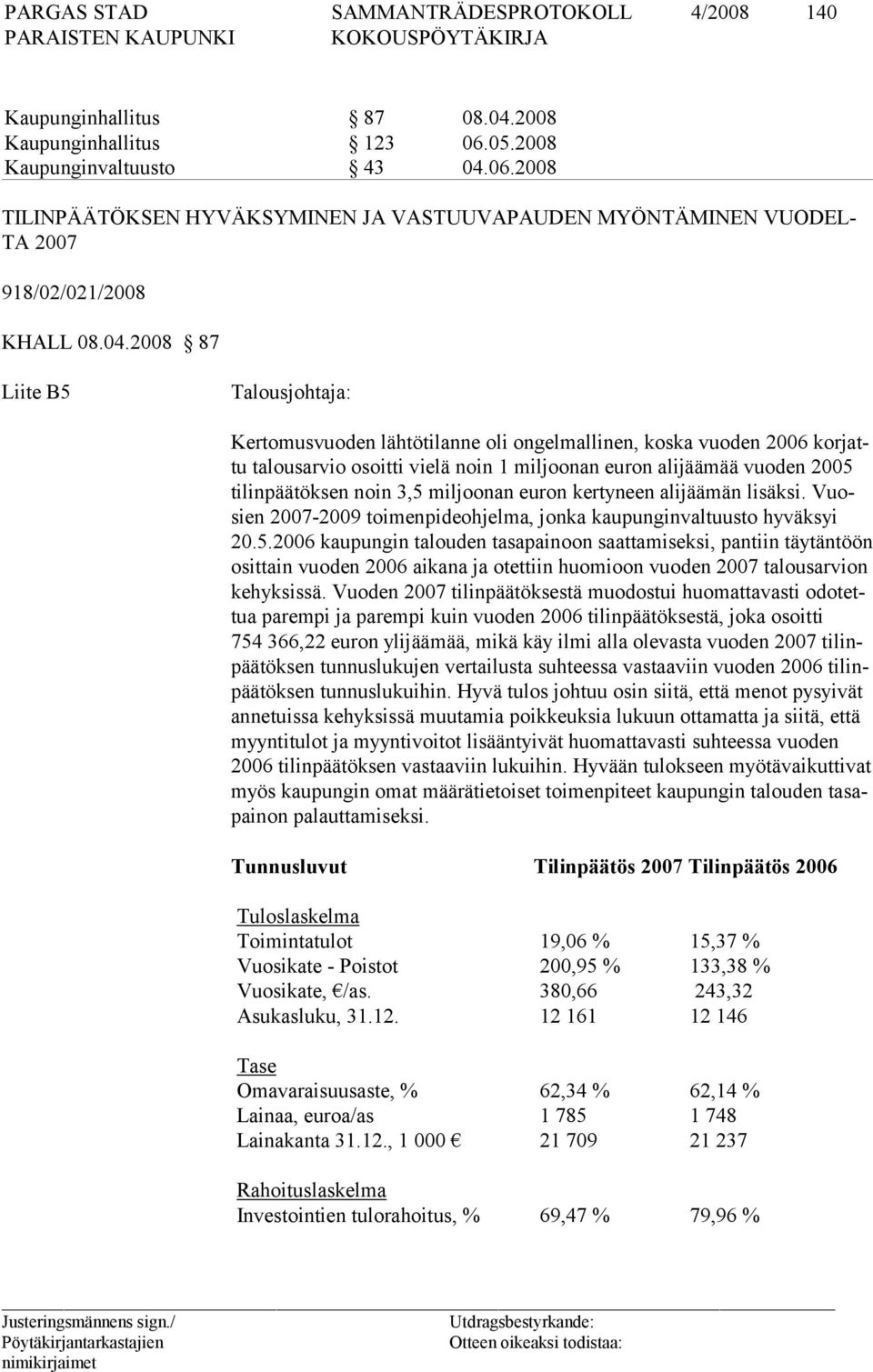 3,5 miljoonan euron kertyneen alijäämän lisäksi. Vuosien 2007-2009 toimenpideohjelma, jonka kaupunginvaltuusto hyväksyi 20.5.2006 kaupungin talouden tasapainoon saattamiseksi, pantiin täytäntöön osittain vuoden 2006 aikana ja otettiin huomioon vuoden 2007 talousarvion kehyksissä.