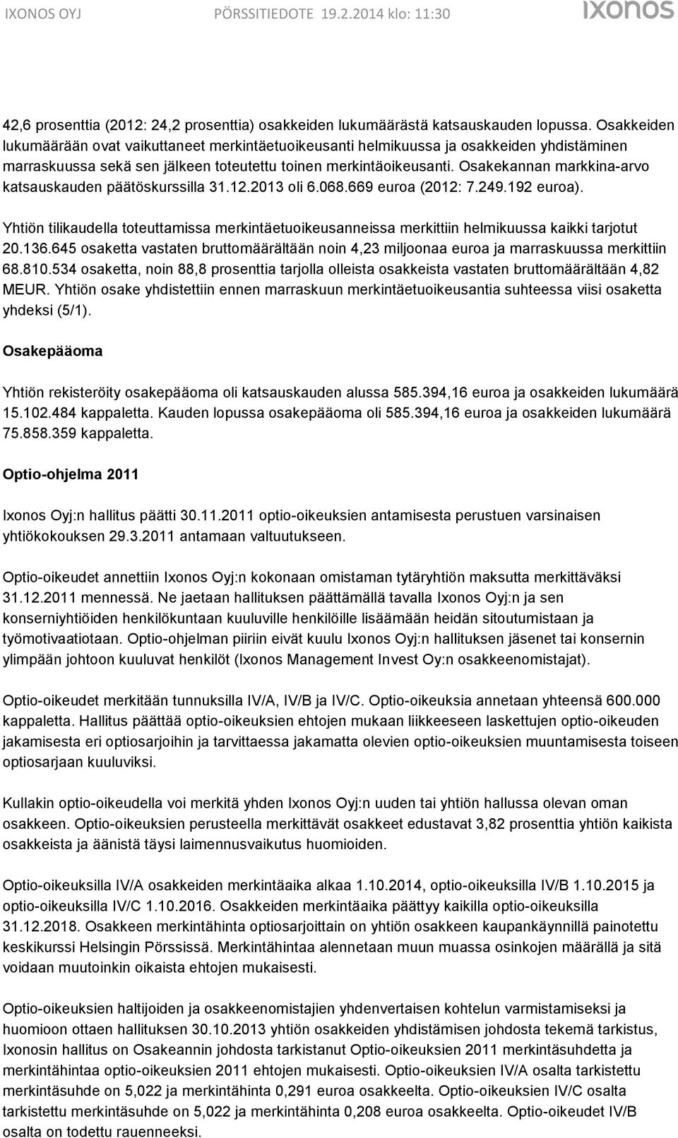 Osakekannan markkina-arvo katsauskauden päätöskurssilla 31.12.2013 oli 6.068.669 euroa (2012: 7.249.192 euroa).
