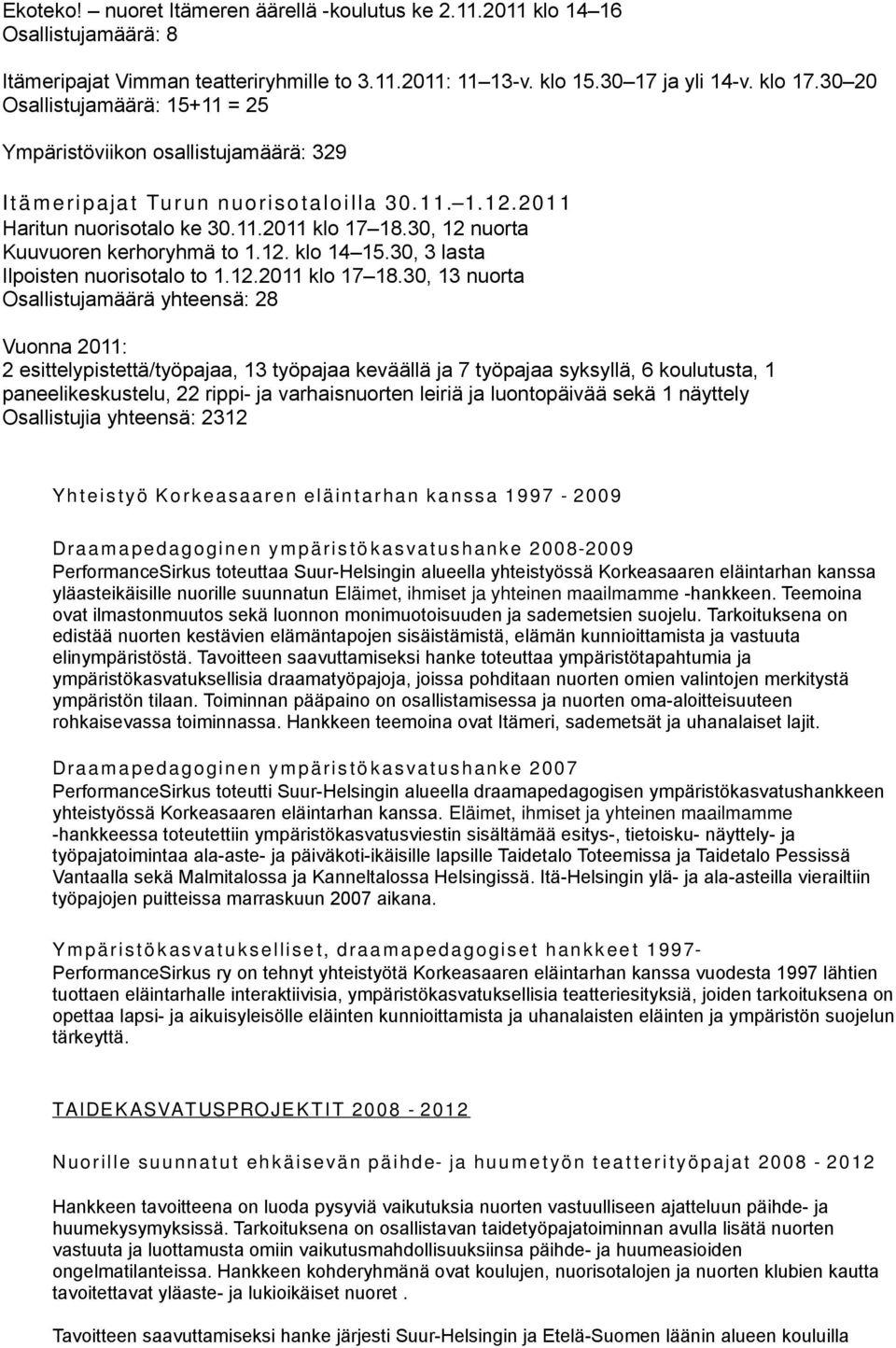 30, 12 nuorta Kuuvuoren kerhoryhmä to 1.12. klo 14 15.30, 3 lasta Ilpoisten nuorisotalo to 1.12.2011 klo 17 18.