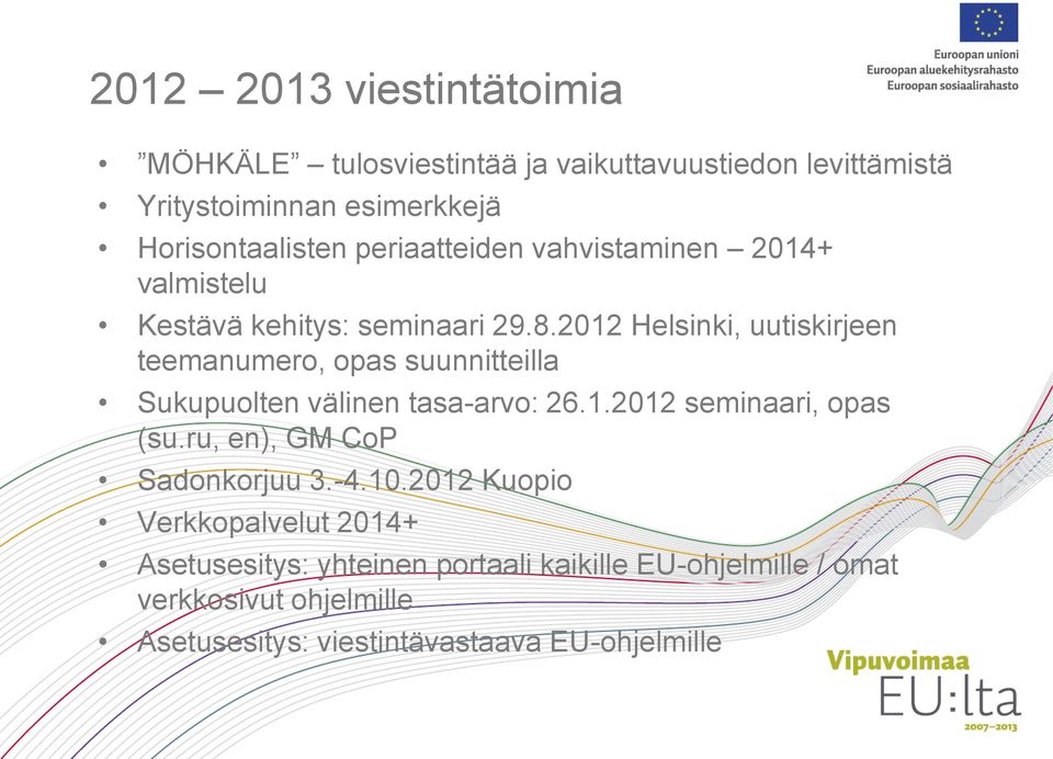 2012 Helsinki, uutiskirjeen teemanumero, opas suunnitteilla Sukupuolten välinen tasa-arvo: 26.1.2012 seminaari, opas (su.