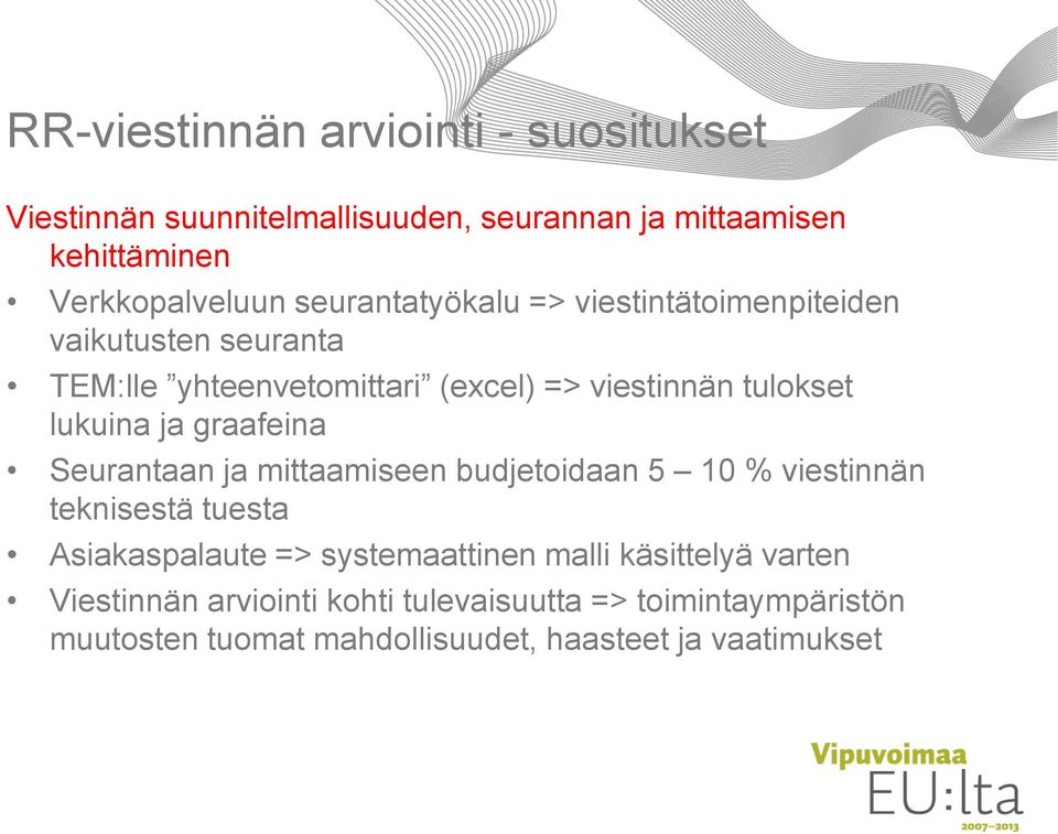 graafeina Seurantaan ja mittaamiseen budjetoidaan 5 10 % viestinnän teknisestä tuesta Asiakaspalaute => systemaattinen