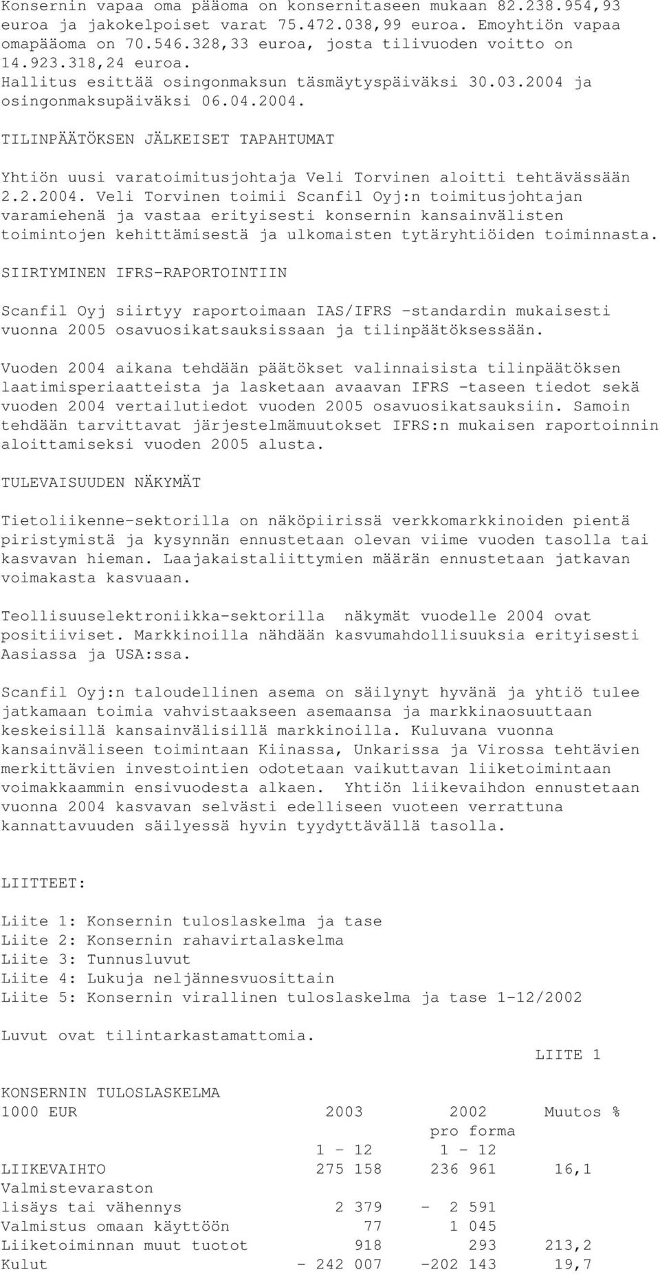 2.2004. Veli Torvinen toimii Scanfil Oyj:n toimitusjohtajan varamiehenä ja vastaa erityisesti konsernin kansainvälisten toimintojen kehittämisestä ja ulkomaisten tytäryhtiöiden toiminnasta.