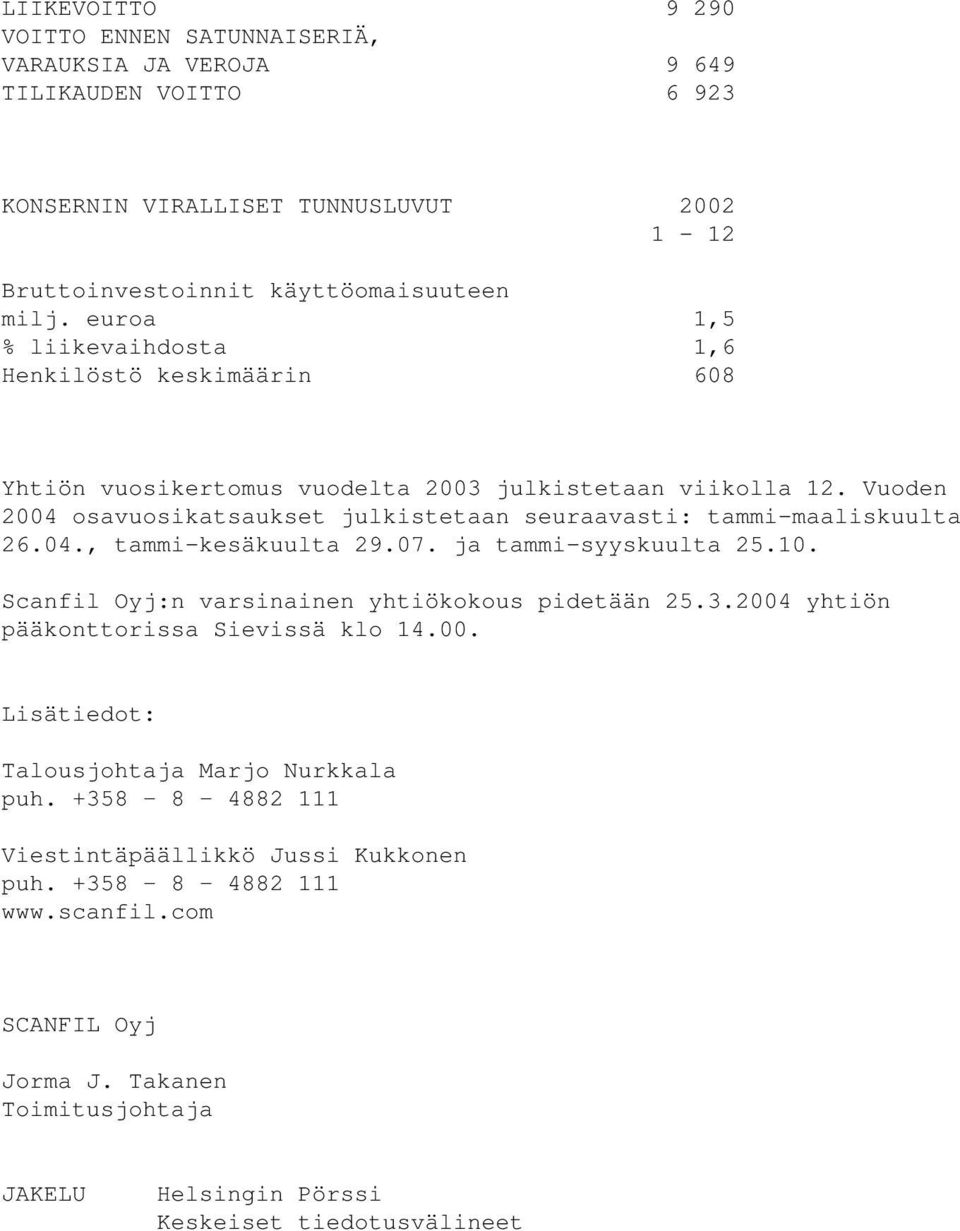 Vuoden 2004 osavuosikatsaukset julkistetaan seuraavasti: tammi-maaliskuulta 26.04., tammi-kesäkuulta 29.07. ja tammi-syyskuulta 25.10. Scanfil Oyj:n varsinainen yhtiökokous pidetään 25.3.