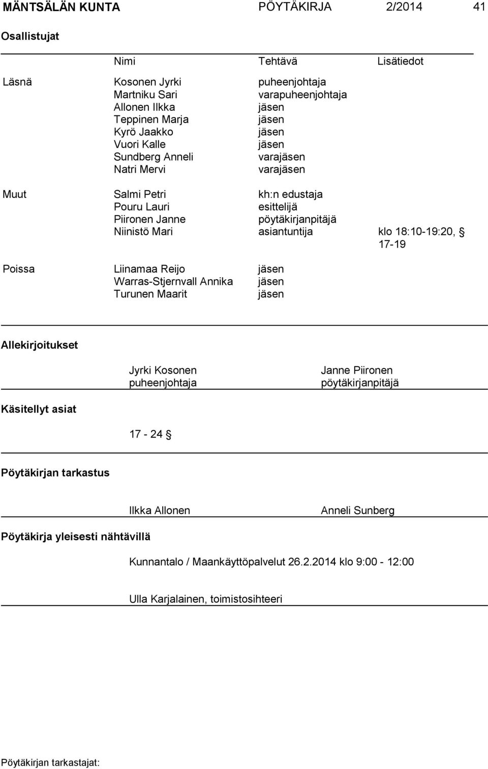 asiantuntija klo 18:10-19:20, 17-19 Poissa Liinamaa Reijo jäsen Warras-Stjernvall Annika jäsen Turunen Maarit jäsen Allekirjoitukset Jyrki Kosonen puheenjohtaja Janne Piironen