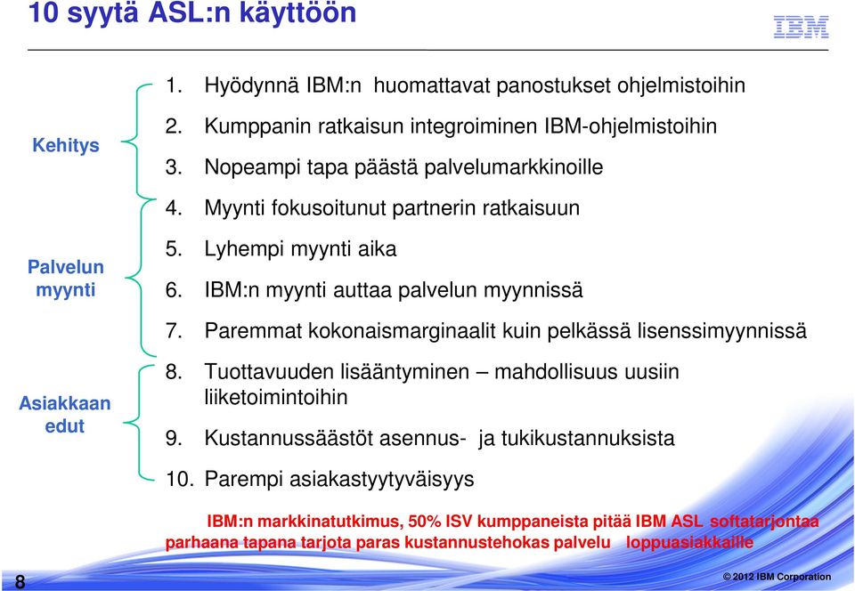 Paremmat kokonaismarginaalit kuin pelkässä lisenssimyynnissä Asiakkaan edut 8. Tuottavuuden lisääntyminen mahdollisuus uusiin liiketoimintoihin 9.