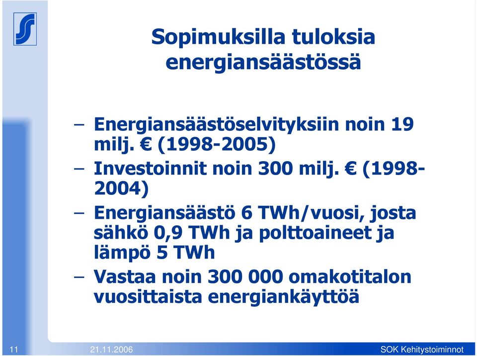 (1998-2004) Energiansäästö 6 TWh/vuosi, josta sähkö 0,9 TWh ja