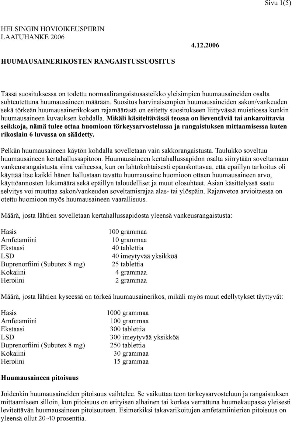 Suositus harvinaisempien huumausaineiden sakon/vankeuden sekä törkeän huumausainerikoksen rajamäärästä on esitetty suositukseen liittyvässä muistiossa kunkin huumausaineen kuvauksen kohdalla.