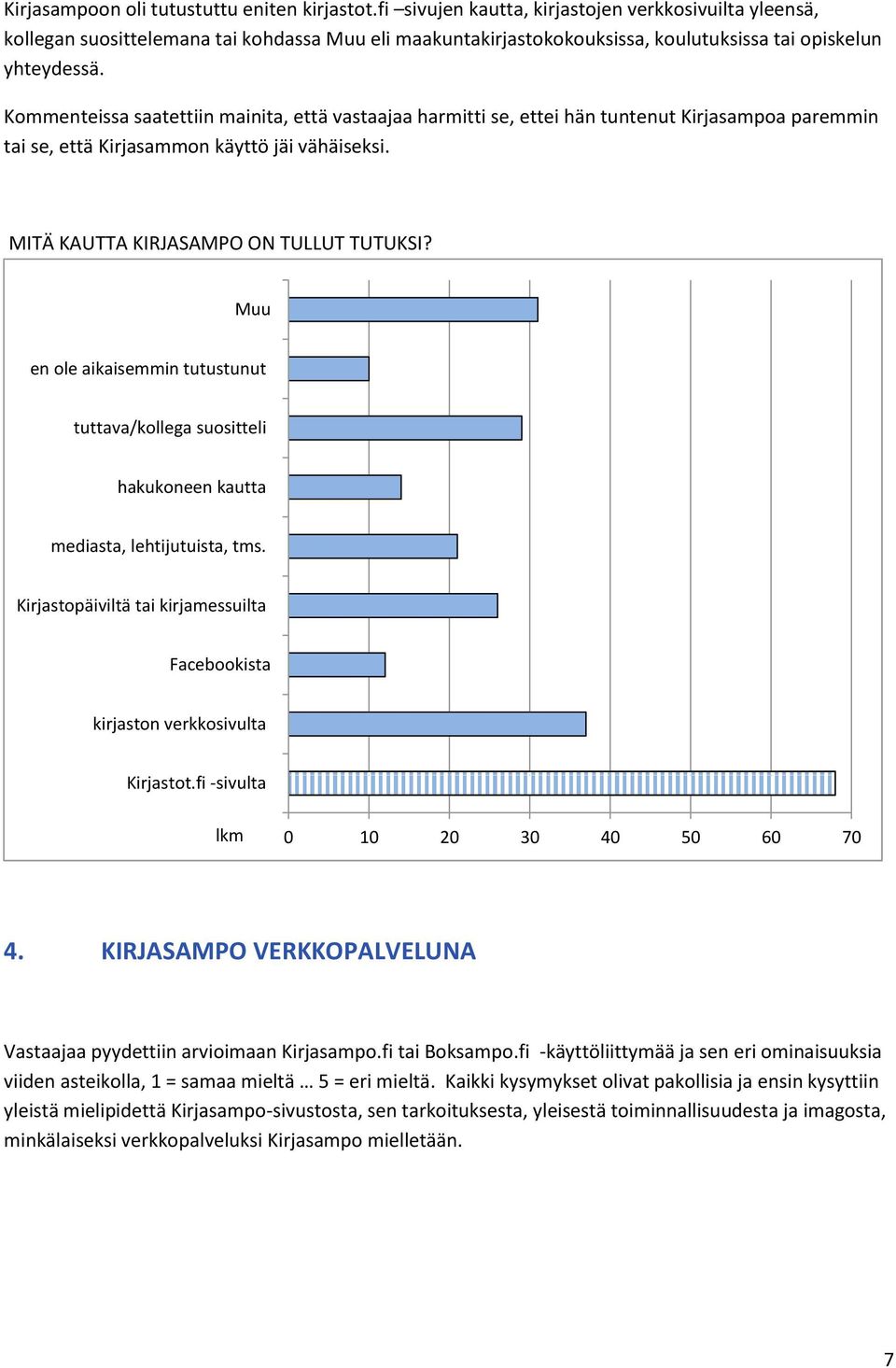 Kommenteissa saatettiin mainita, että vastaajaa harmitti se, ettei hän tuntenut Kirjasampoa paremmin tai se, että Kirjasammon käyttö jäi vähäiseksi. MITÄ KAUTTA KIRJASAMPO ON TULLUT TUTUKSI?