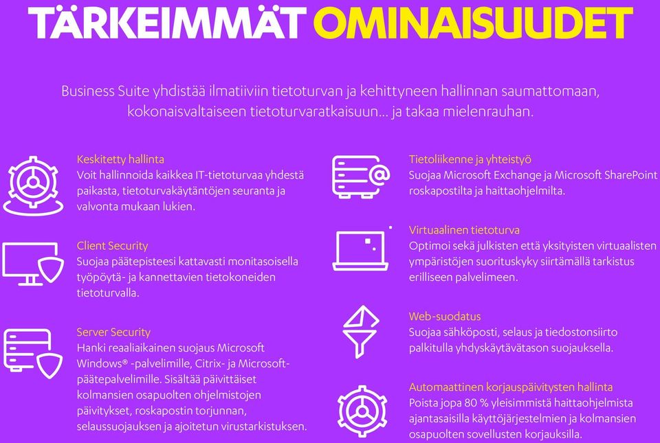 Client Security Suojaa päätepisteesi kattavasti monitasoisella työpöytä- ja kannettavien tietokoneiden tietoturvalla.