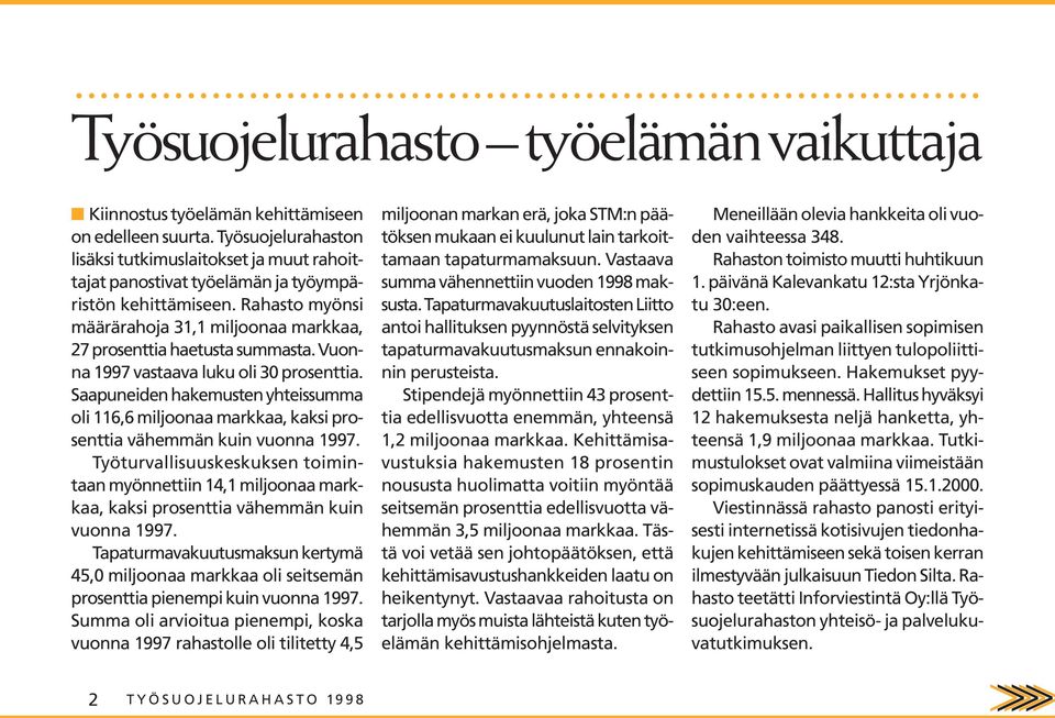 Rahasto myönsi määrärahoja 31,1 miljoonaa markkaa, 27 prosenttia haetusta summasta. Vuonna 1997 vastaava luku oli 30 prosenttia.