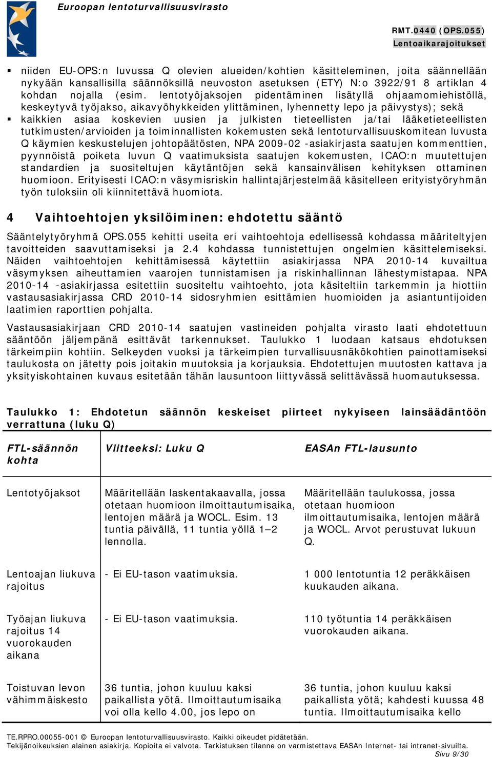 tieteellisten ja/tai lääketieteellisten tutkimusten/arvioiden ja toiminnallisten kokemusten sekä lentoturvallisuuskomitean luvusta Q käymien keskustelujen johtopäätösten, NPA 2009-02 -asiakirjasta