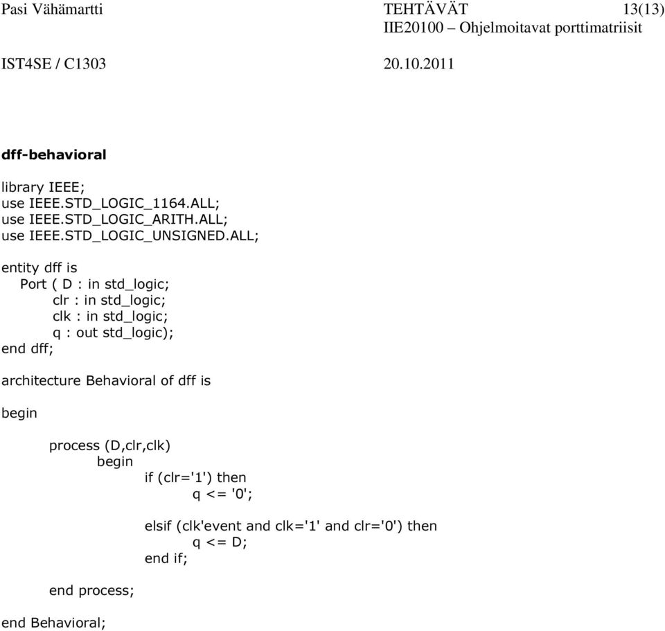 dff; architecture Behavioral of dff is process (D,clr,clk) if (clr='1')