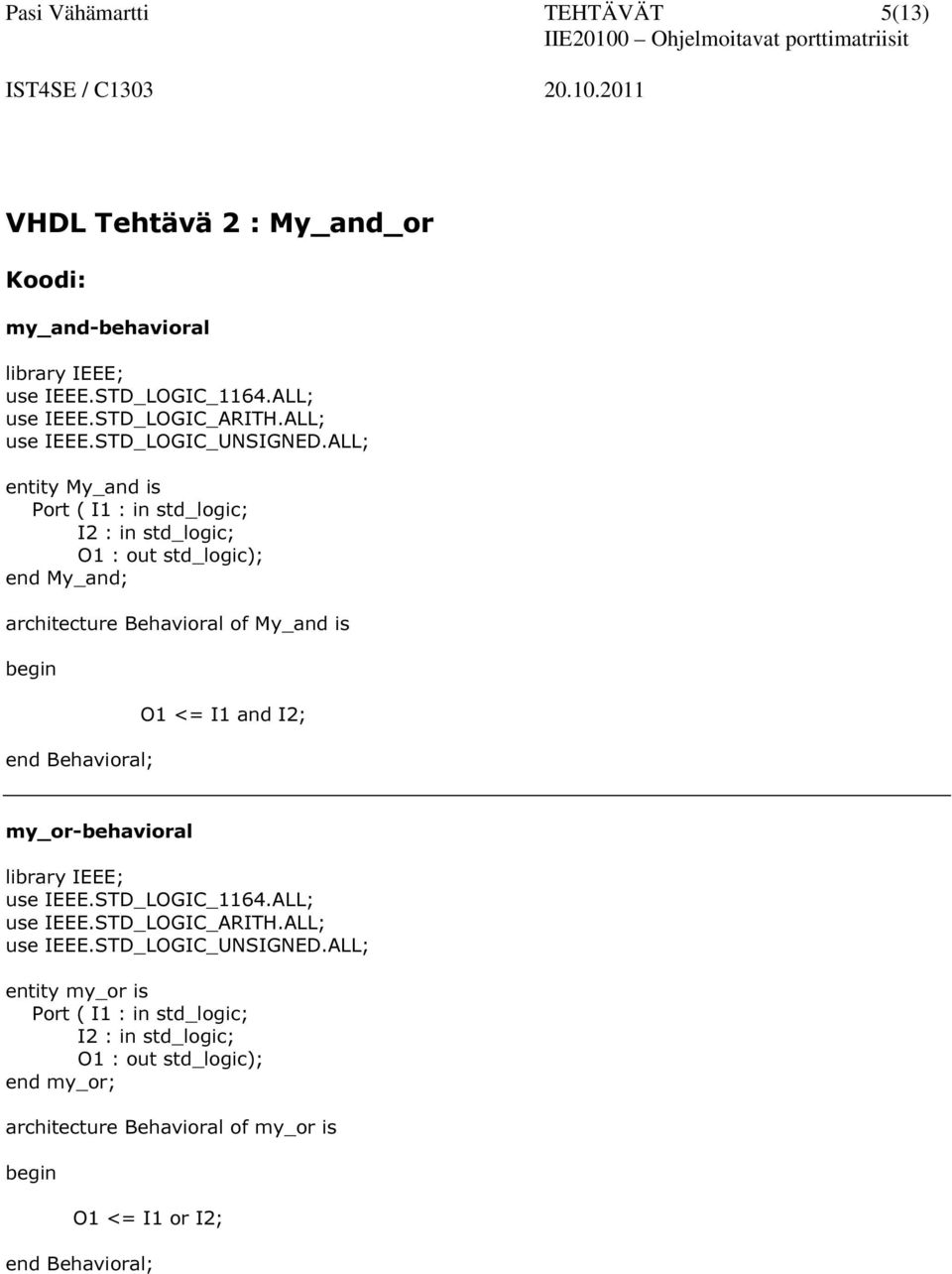 Behavioral of My_and is O1 <= I1 and I2; my_or-behavioral entity my_or is Port ( I1 : in