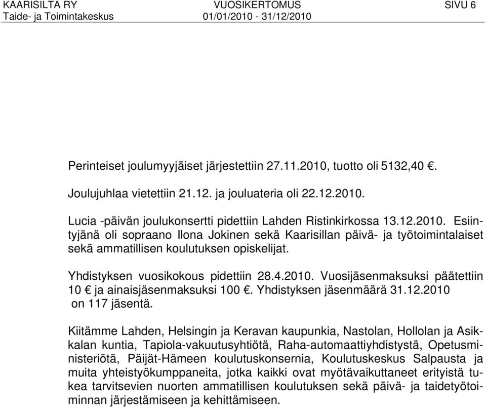 Yhdistyksen määrä 31.12.2010 on 117 tä.