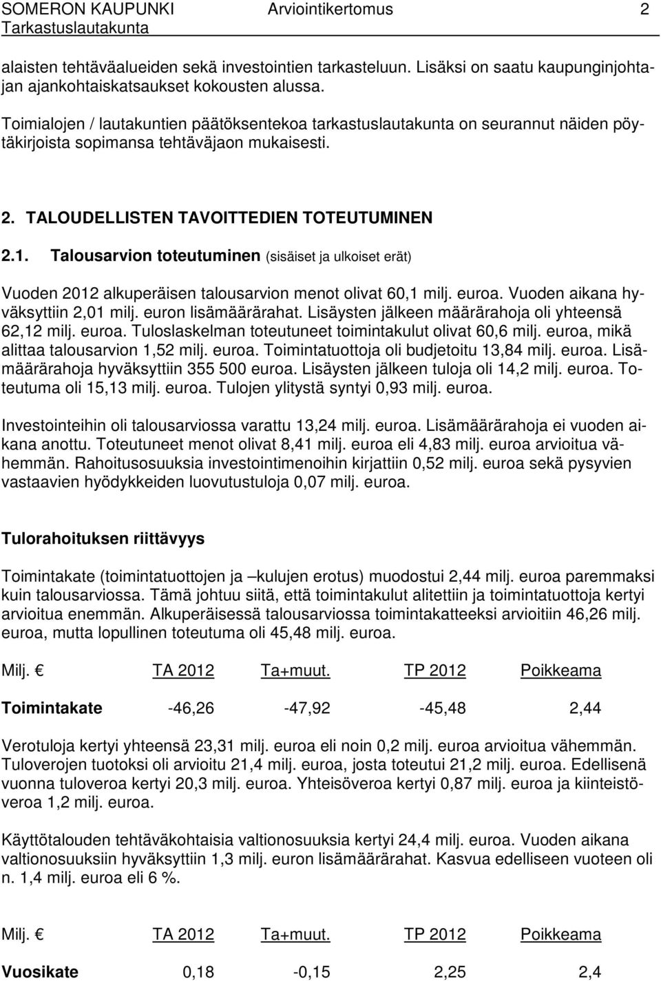 Talousarvion toteutuminen (sisäiset ja ulkoiset erät) Vuoden 2012 alkuperäisen talousarvion menot olivat 60,1 milj. euroa. Vuoden aikana hyväksyttiin 2,01 milj. euron lisämäärärahat.