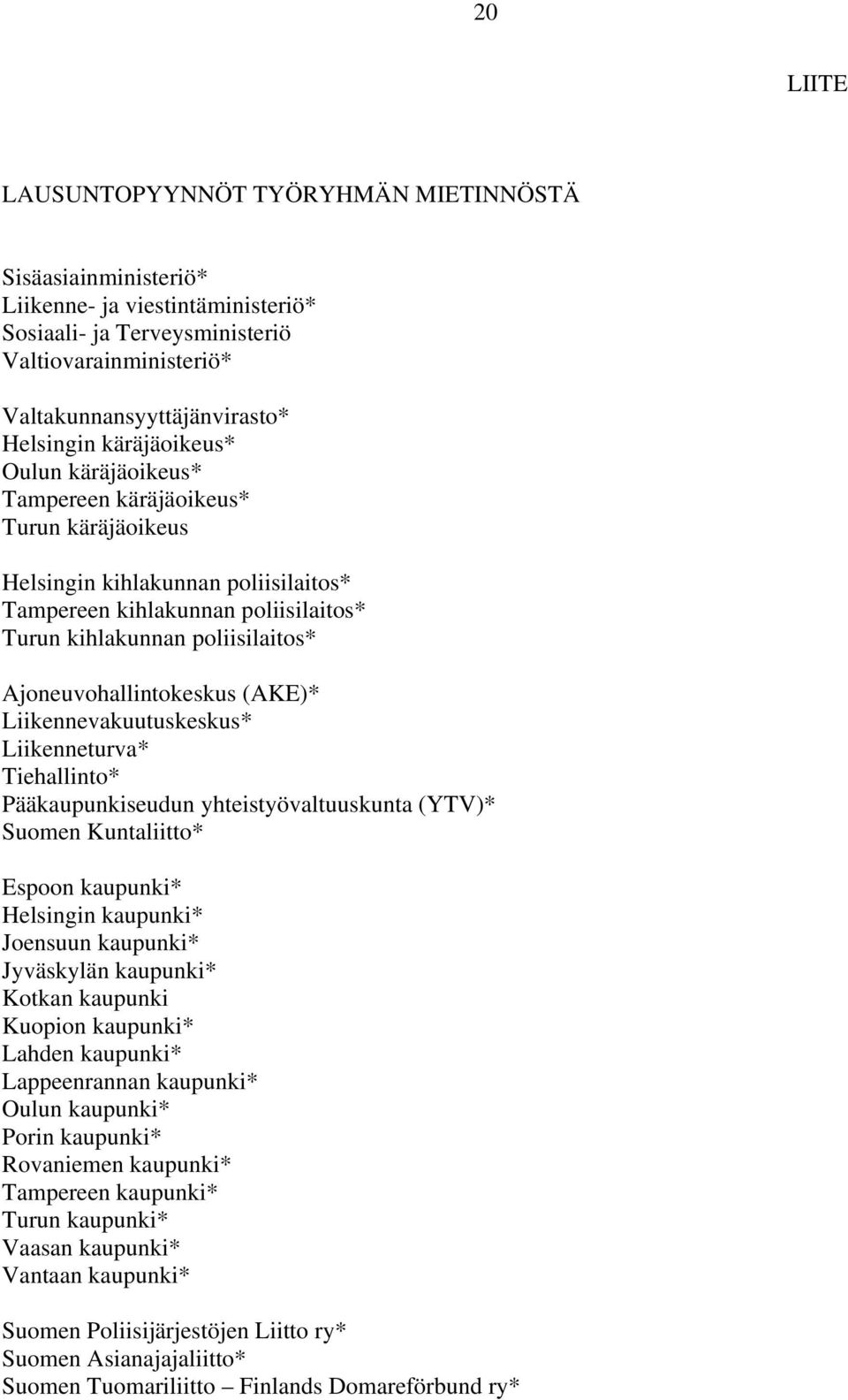 Ajoneuvohallintokeskus (AKE)* Liikennevakuutuskeskus* Liikenneturva* Tiehallinto* Pääkaupunkiseudun yhteistyövaltuuskunta (YTV)* Suomen Kuntaliitto* Espoon kaupunki* Helsingin kaupunki* Joensuun