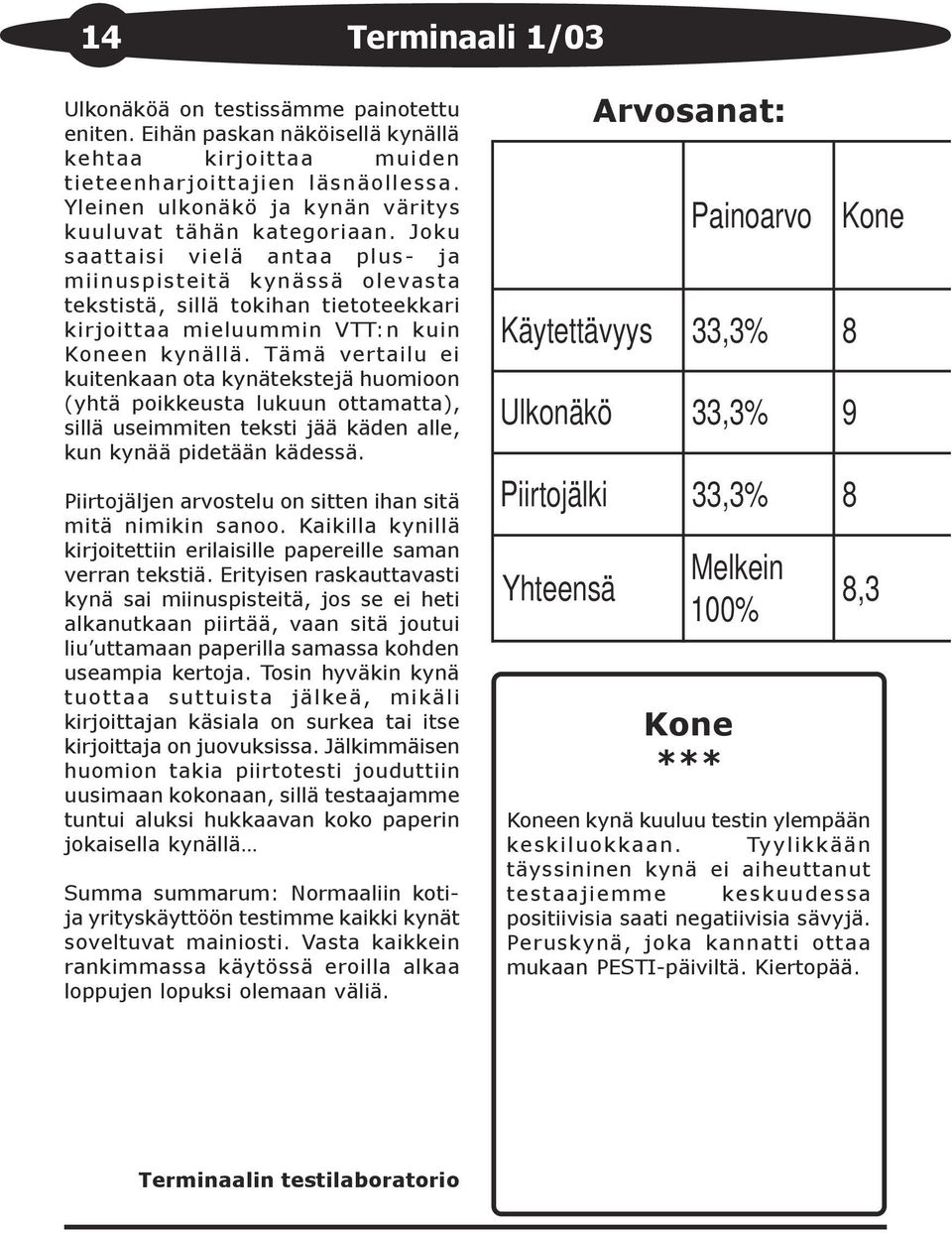 Joku saattaisi vielä antaa plus- ja miinuspisteitä kynässä olevasta tekstistä, sillä tokihan tietoteekkari kirjoittaa mieluummin VTT:n kuin Koneen kynällä.