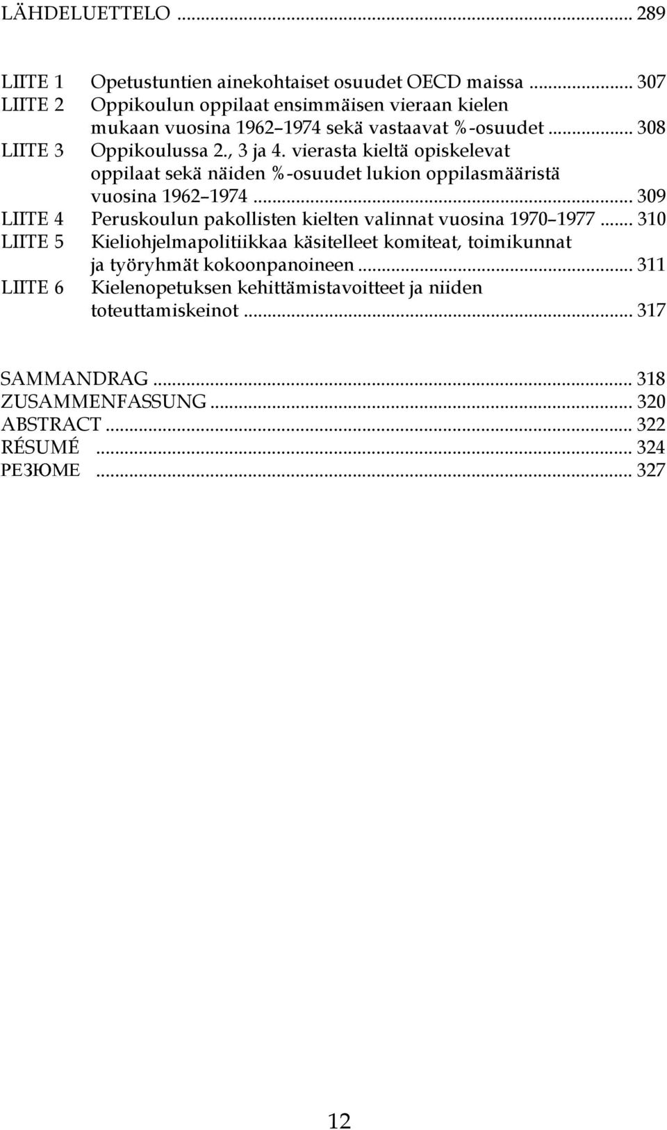 1974 309 LIITE 4 Peruskoulun pakollisten kielten valinnat vuosina 1970 1977 310 LIITE 5 Kieliohjelmapolitiikkaa käsitelleet komiteat, toimikunnat ja työryhmät