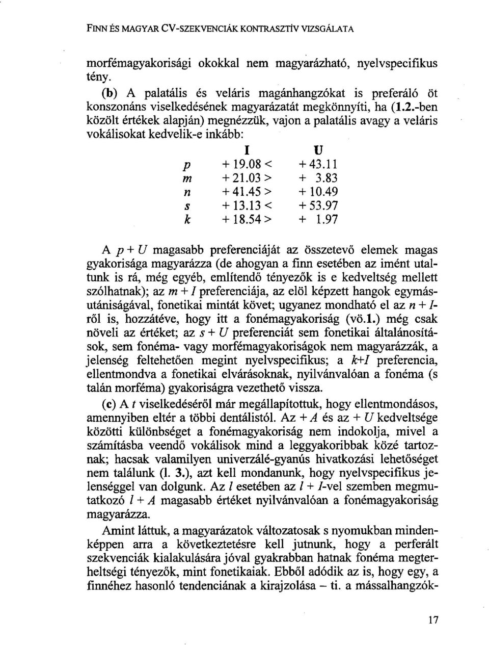 -ben közölt értékek alapján) megnézzük, vajon a palatális avagy a veláris vokálisokat kedvelik-e inkább: I U p + 19.08 < + 43.11 m + 21.03 > + 3.83 n + 41.45 > + 10.49 s + 13.13 < + 53.97 k + 18.